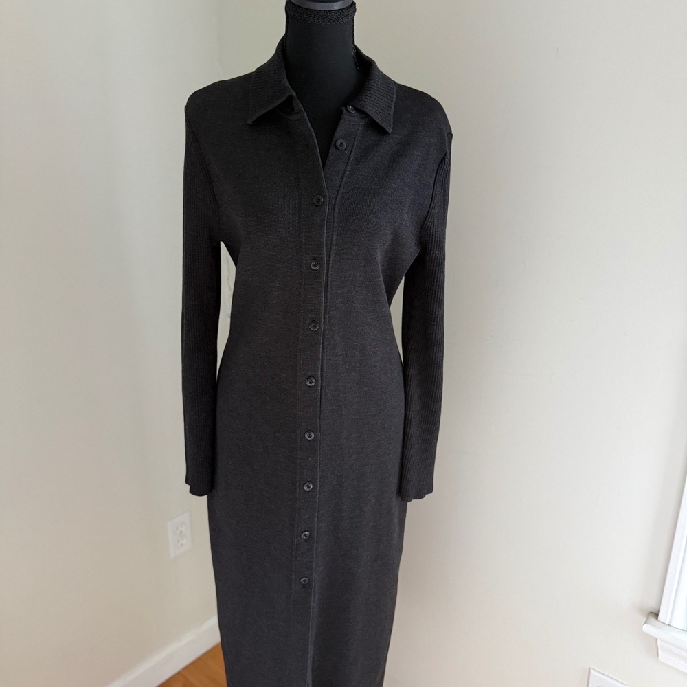 Vintage 90s Merino Wool Midi Maxi Sweater Dress Black Button Front s s/m